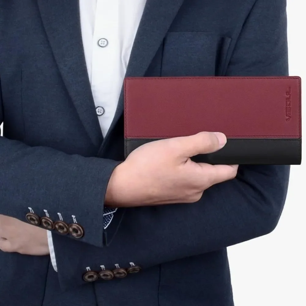 🩵⏭️NIB Black & Burgundy Italian Leather RFID Blocking Long Bi-Fold Wallet